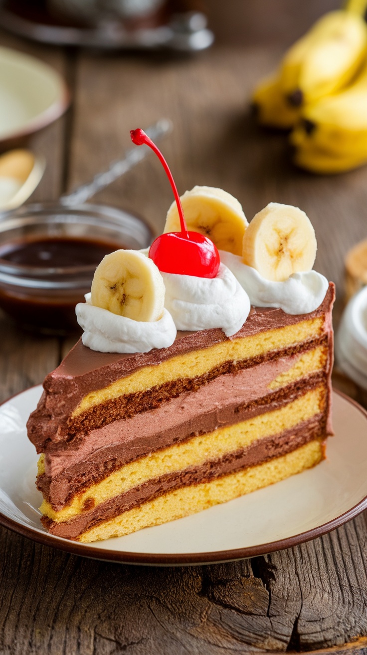 Decadent Banana Split Cake Recipe A slice of banana split cake with chocolate frosting, whipped cream, and banana toppings, on a rustic table.